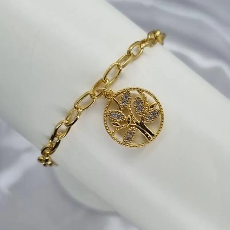 Pulseira Árvore da Vida Vazada Cravejada Ouro 18K