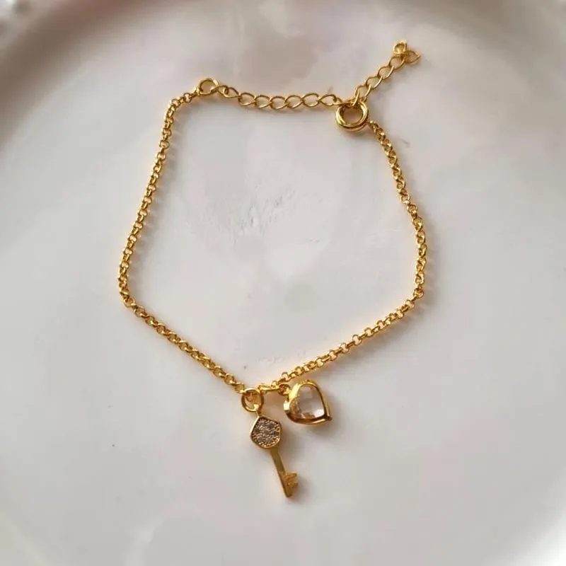 Pulseira Coração e Chave Cravejado Ouro 18K